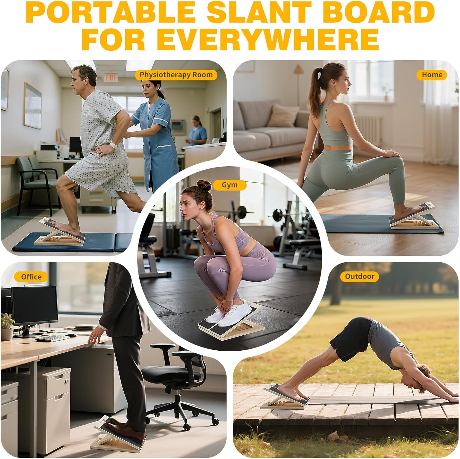 Demonstrates the versatility of the portable slant board by showing its use in various settings including physiotherapy, home, gym, office, and outdoors.