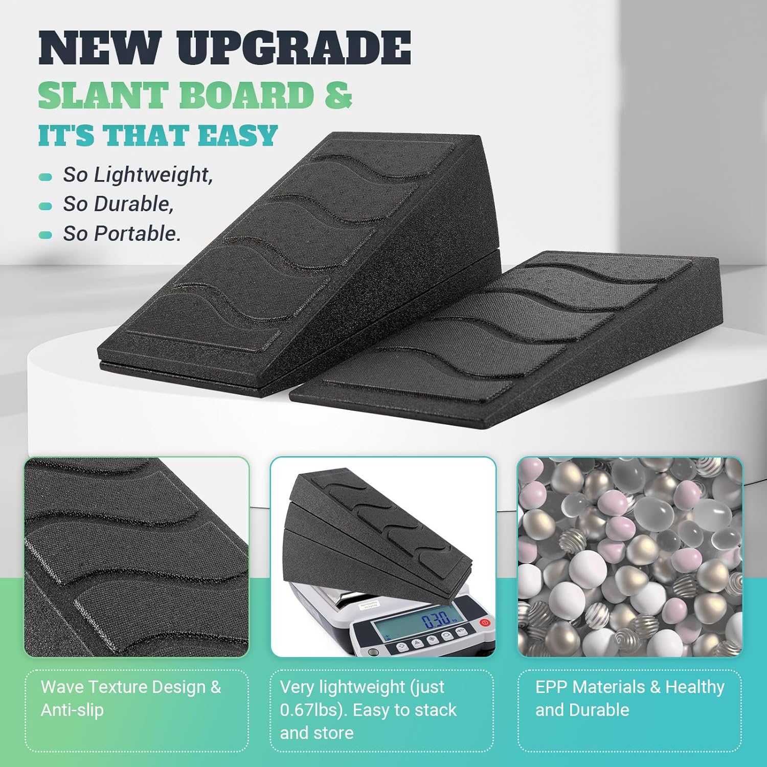 Highlights multiple key features of the upgraded slant board to show its improved design and ease of use.
