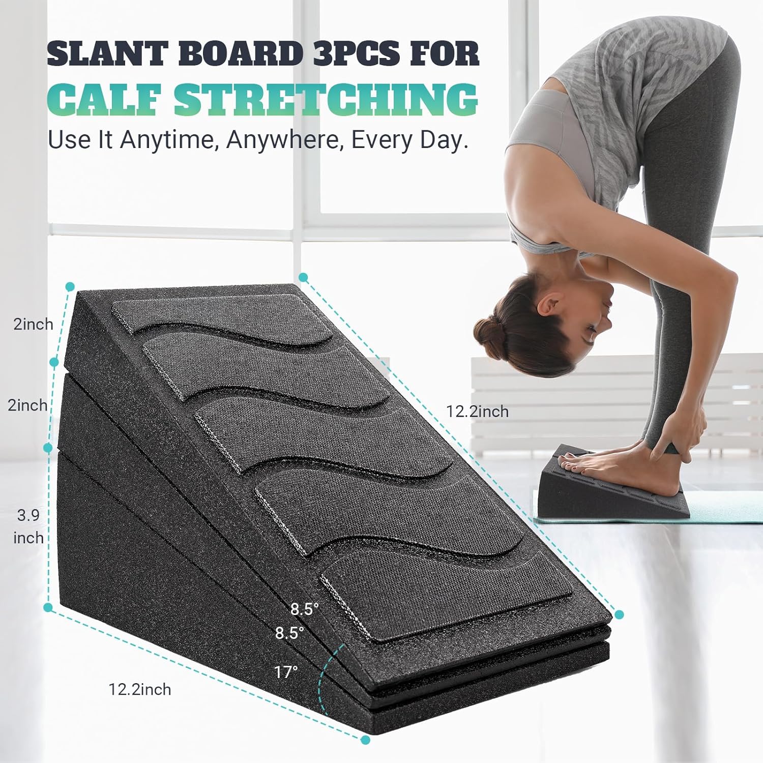 Demonstrates how to use the slant board for calf stretching, showing proper form and positioning. Provides exact measurements of the slant board to help customers understand its size and fit.