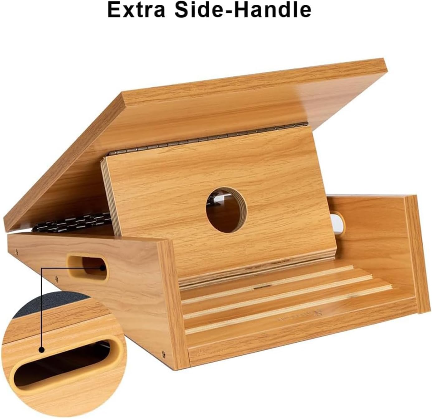 Highlights the additional side handle feature, emphasizing improved portability and ease of use.