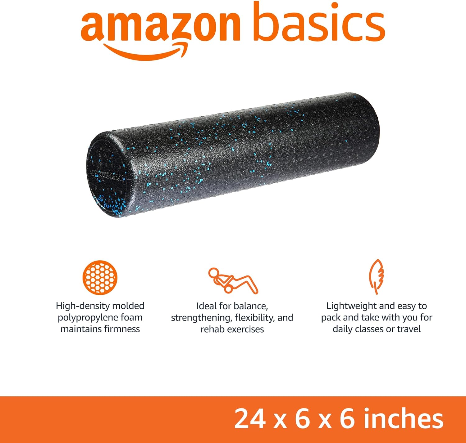 Highlights multiple key features of the foam roller to show its quality, versatility, and convenience for various exercises and travel.