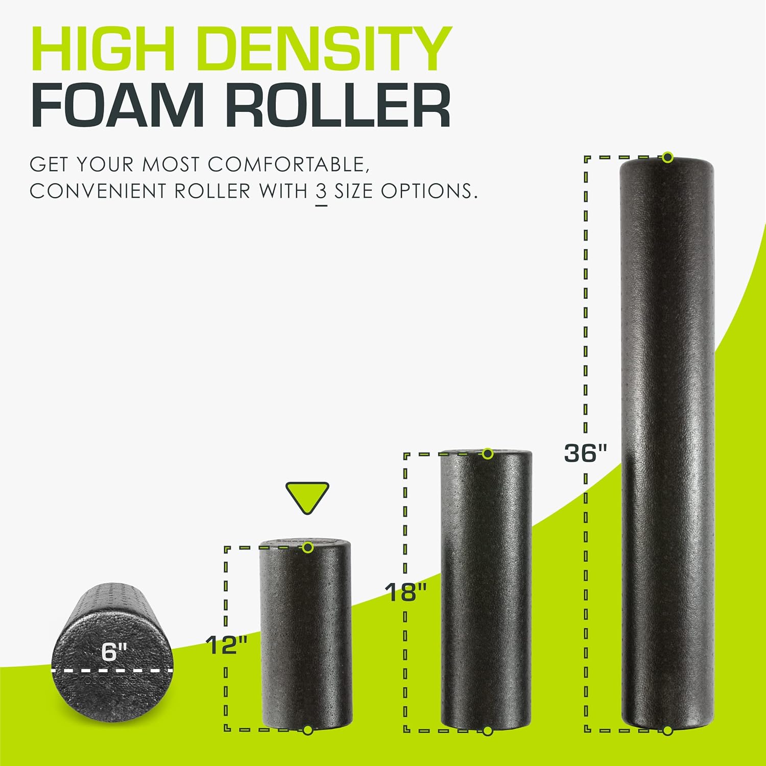 Shows the different size options available for the foam roller, helping customers choose the most suitable size for their needs. Highlights the high density foam material of the roller, emphasizing…