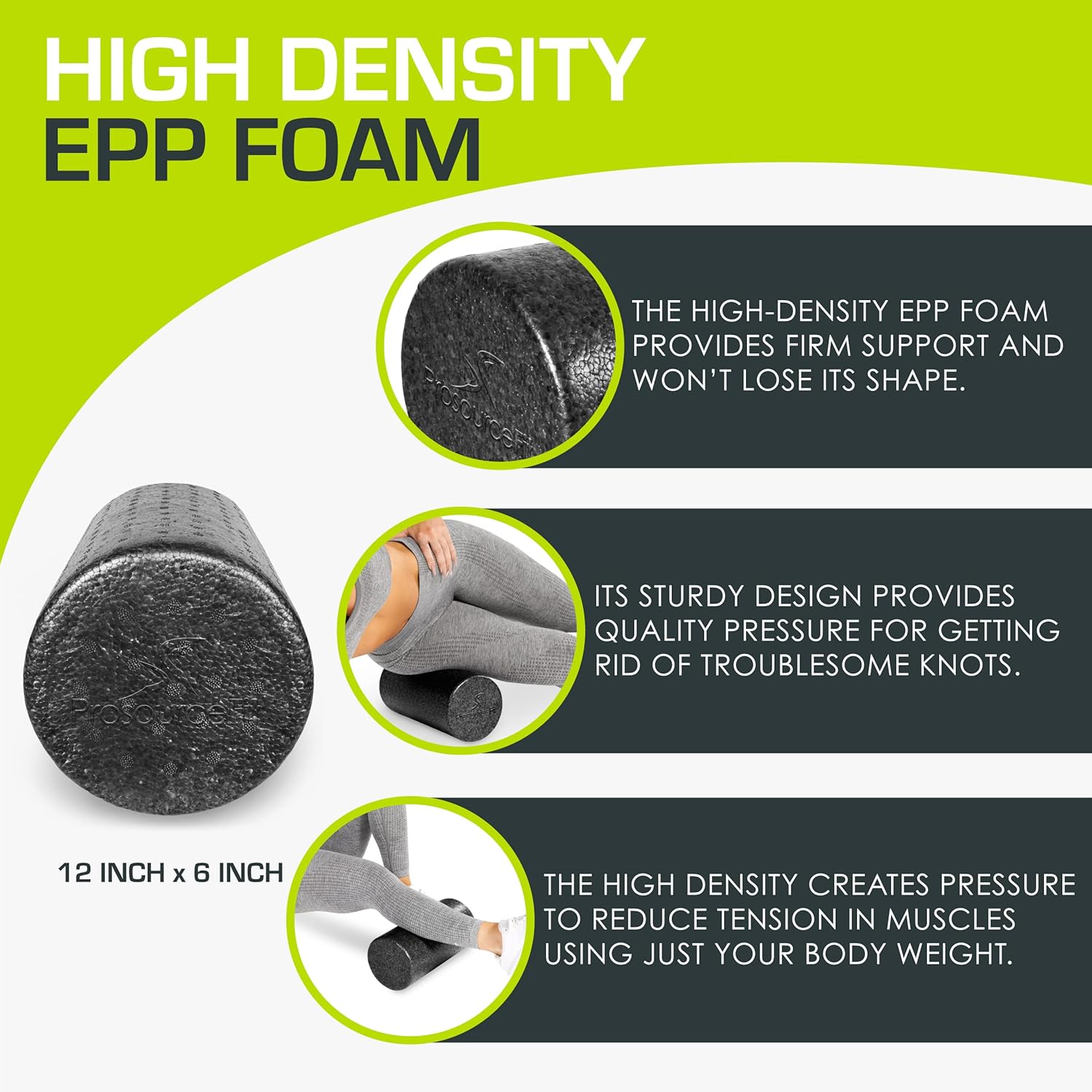 Highlights multiple benefits of the high-density EPP foam roller, including its firm support, shape retention, and ability to relieve muscle tension.