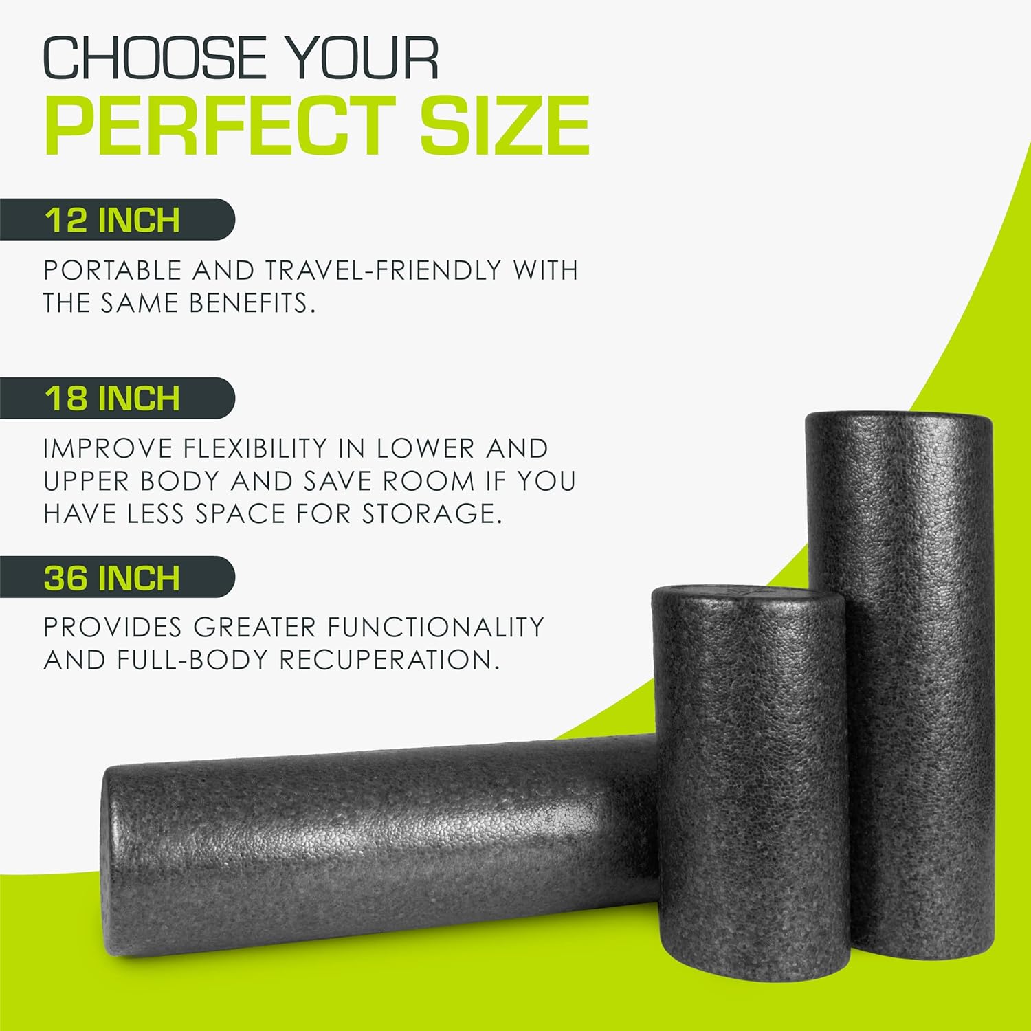 Guides customers in selecting the appropriate foam roller size based on their needs and available storage space. Illustrates the different sizes available (12 inch, 18 inch, 36 inch) and explains…