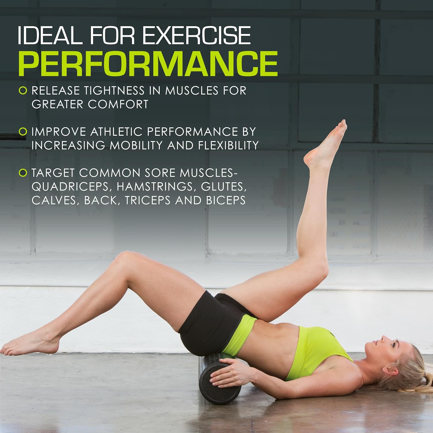 Highlights multiple benefits of the product for exercise performance, including releasing muscle tightness, improving mobility and flexibility, and targeting specific muscle groups.