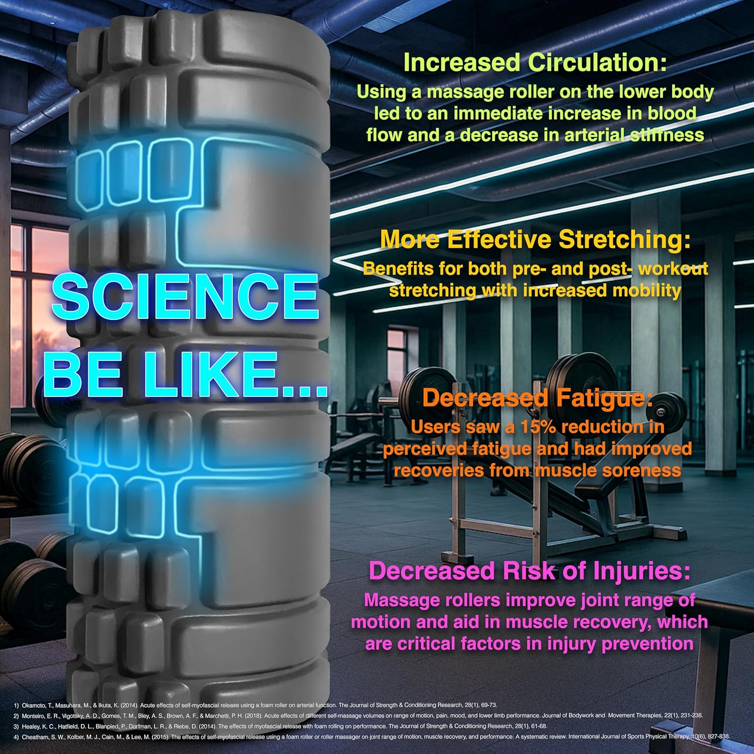 Highlights multiple scientific benefits of using a massage roller, including improved blood flow, better stretching results, reduced fatigue, and lower injury risk.
