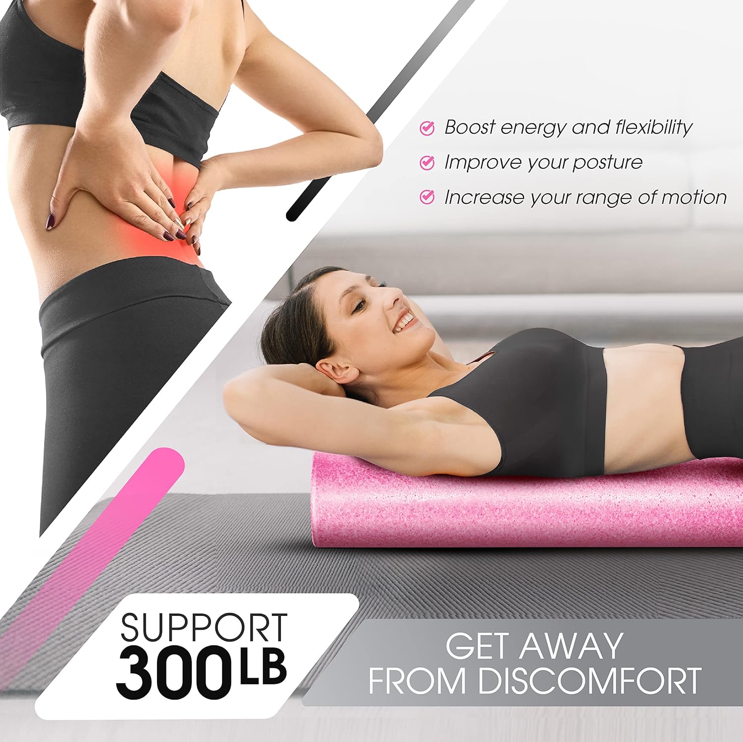 Highlights multiple benefits of using the product for physical fitness and wellness, including increased energy, flexibility, better posture, and improved range of motion.