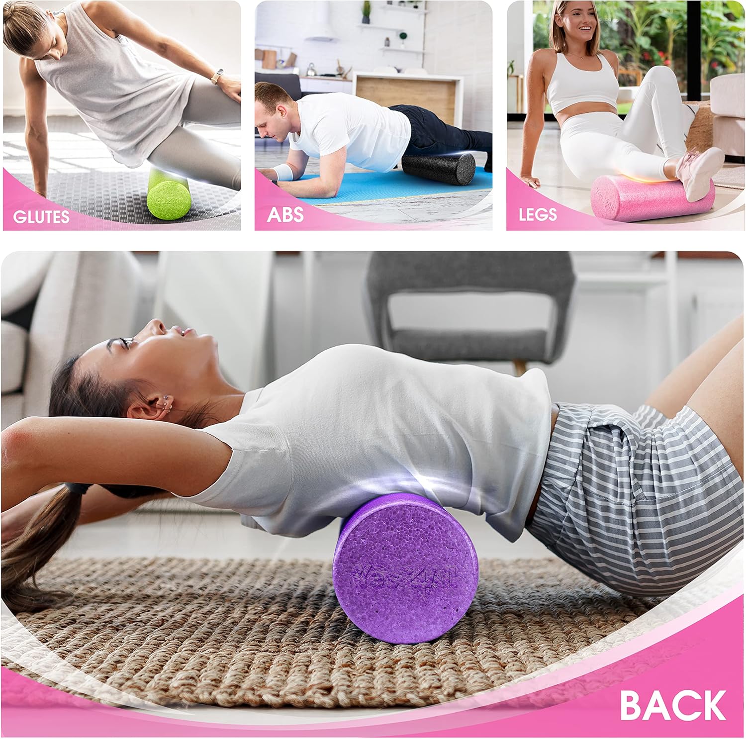 Demonstrates the versatility of the foam roller for targeting different muscle groups and body parts during exercise or recovery.