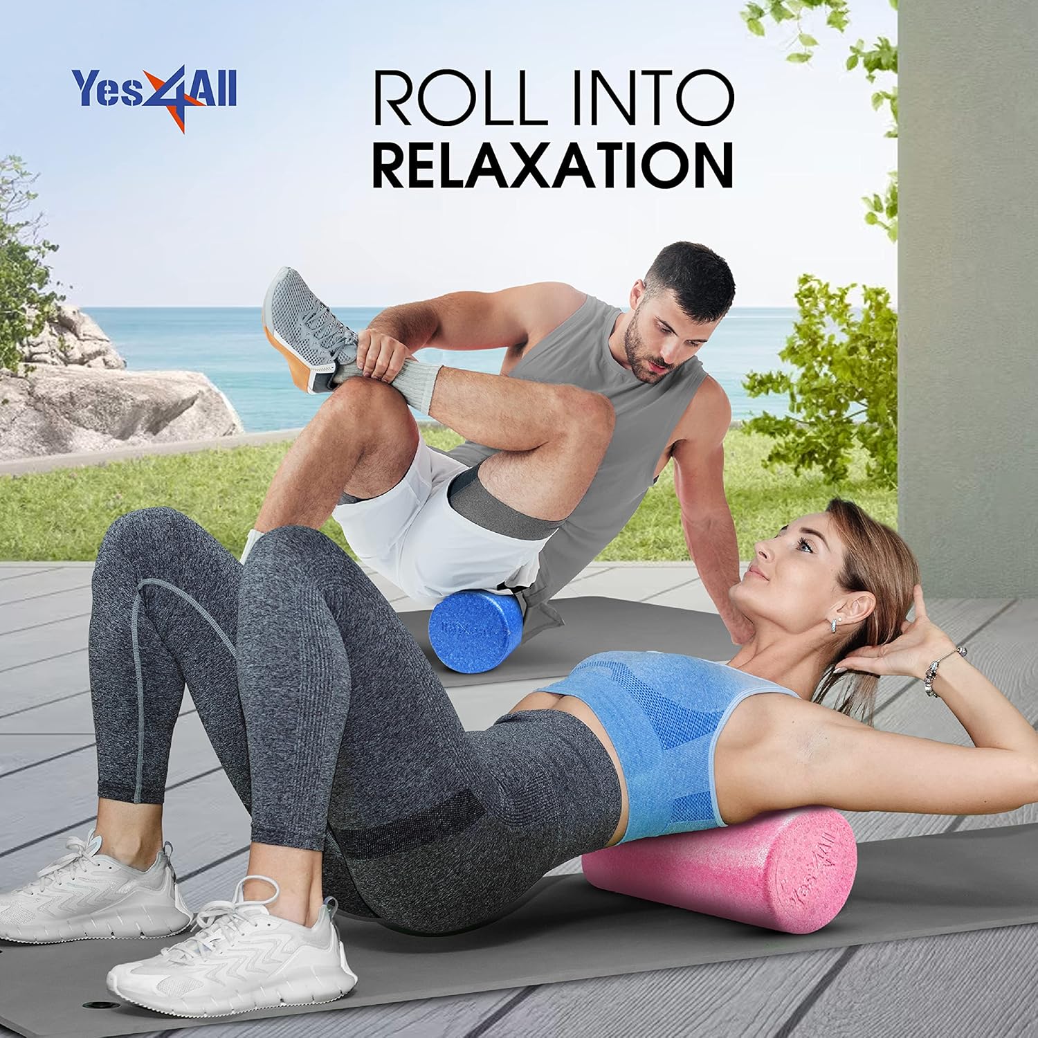 Demonstrates how foam rollers can be used for muscle recovery and relaxation in various settings, including outdoors. Shows the product being used in an attractive outdoor setting to appeal to…