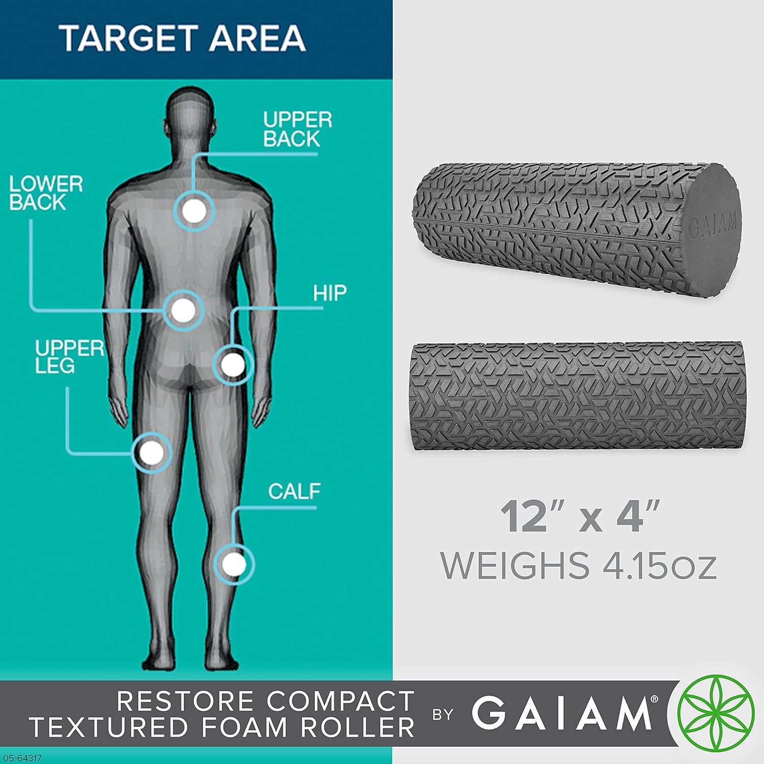 Illustrates the specific body areas the foam roller targets and provides product dimensions to inform the shopper about its size and weight. Communicates the product's exact dimensions and weight to…