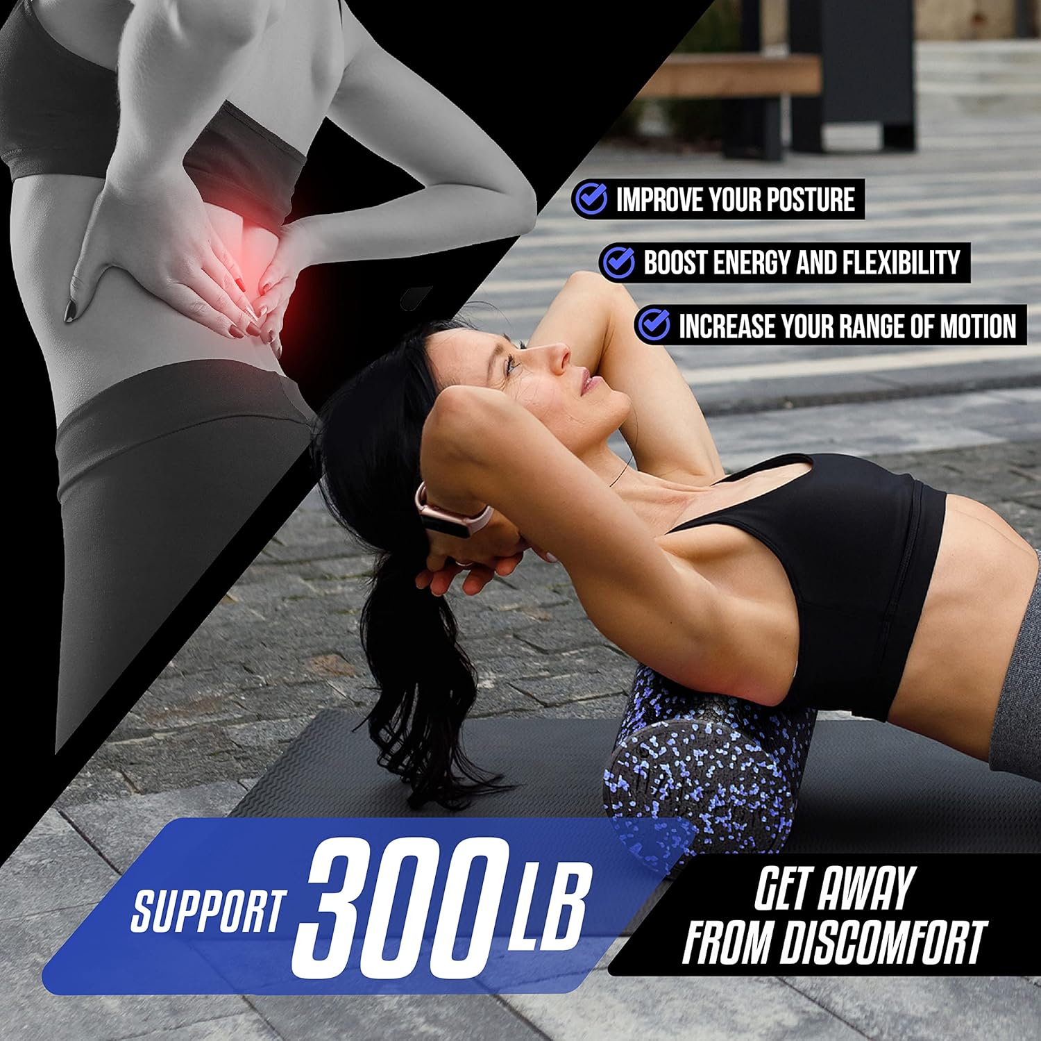 Highlights multiple benefits of the product, including improved posture, increased energy and flexibility, enhanced range of motion, and relief from back discomfort.