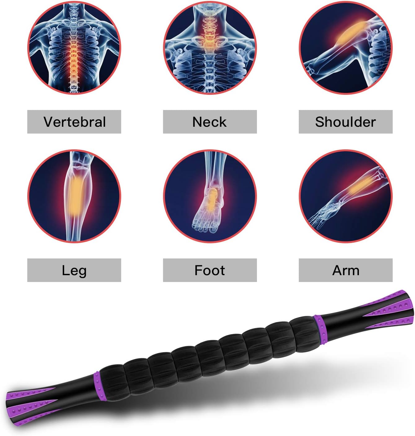 Shows the various body areas where the massage stick can be used for pain relief and muscle relaxation. Highlights the product's ability to target multiple body parts and provide specific pain…