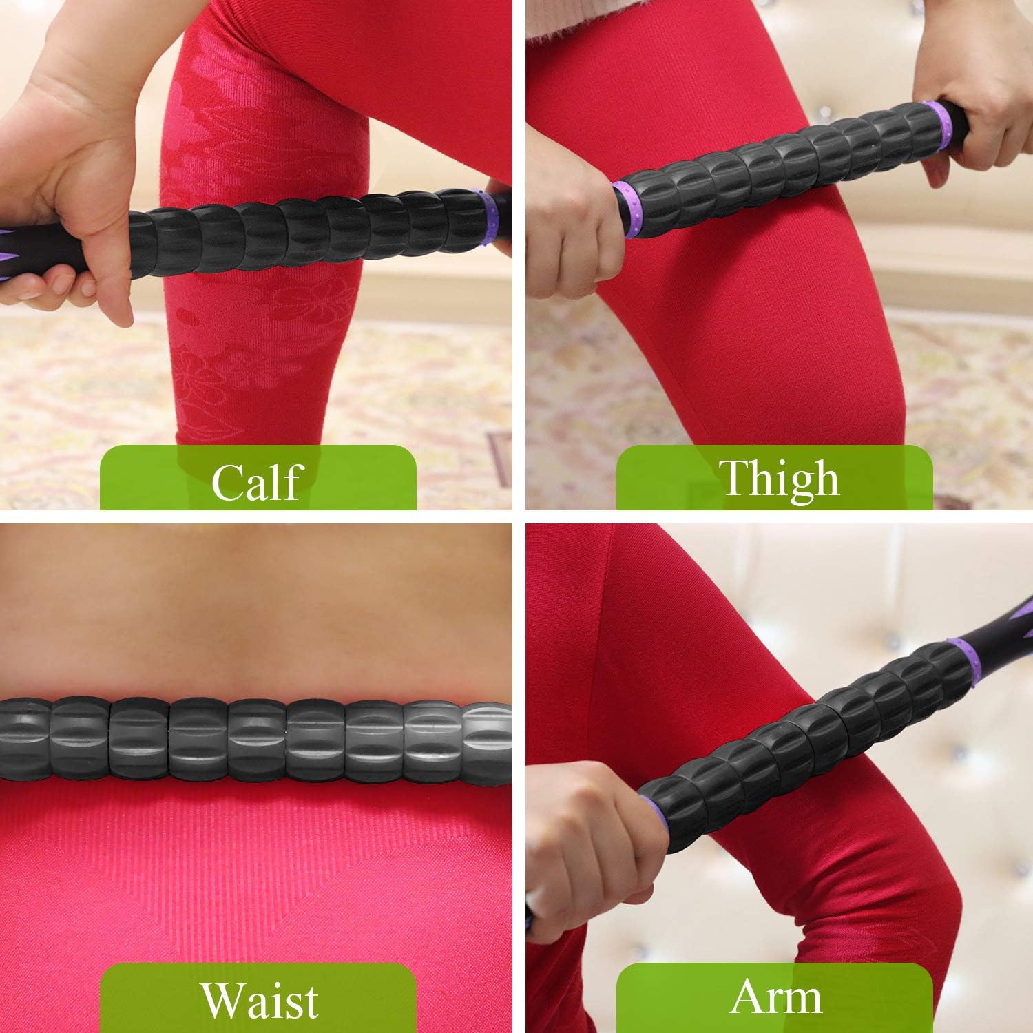 Demonstrates the versatility of the massage roller by showing it can be used on different parts of the body.