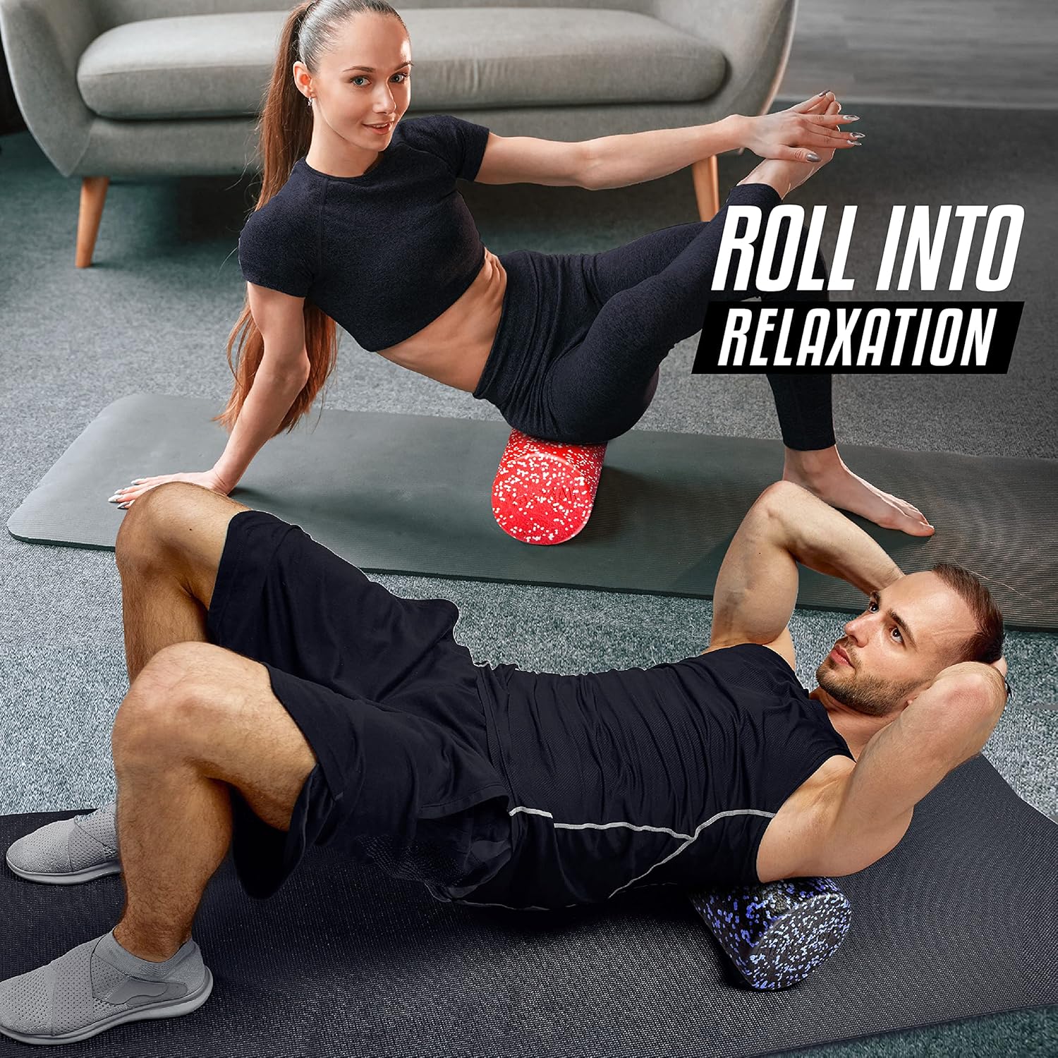 Demonstrates how the foam roller can be used for muscle relaxation and recovery exercises at home. Shows the correct positioning and technique for using the foam roller on different body parts.