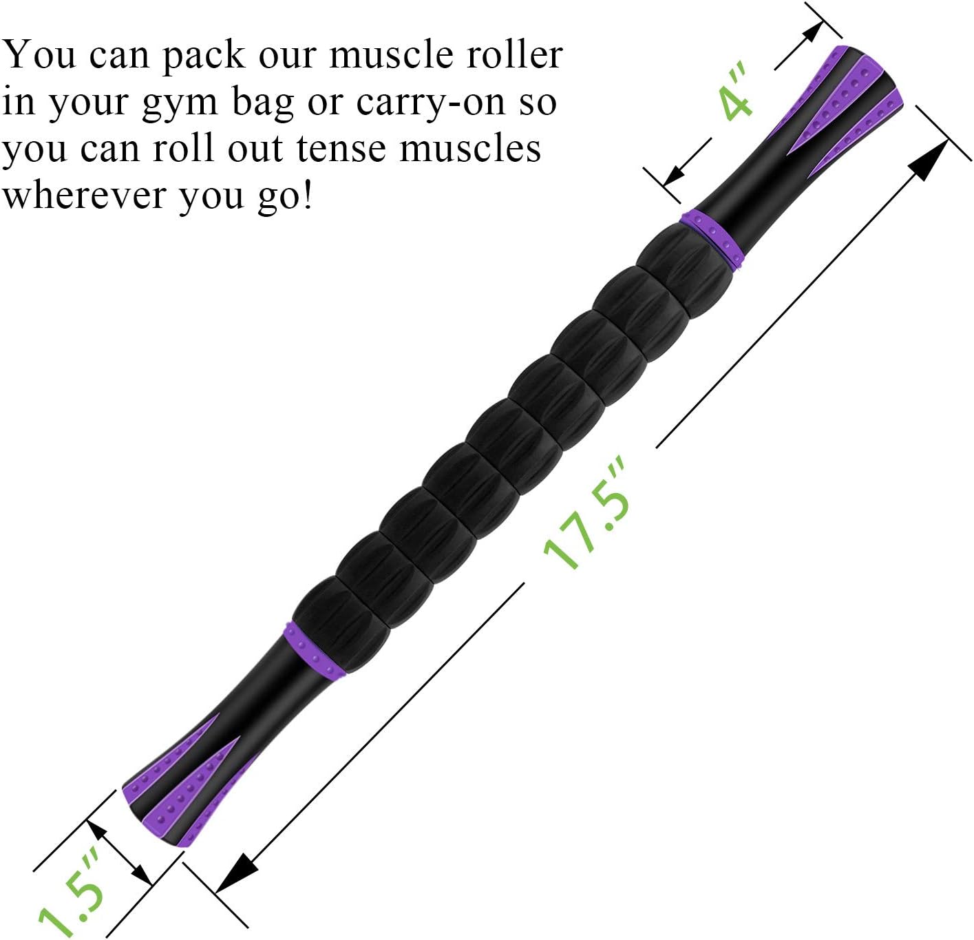 Demonstrates the product's compact size and portability, making it easy to pack in a gym bag or carry-on luggage. Highlights the versatility of the muscle roller, showing it can be used anywhere for…