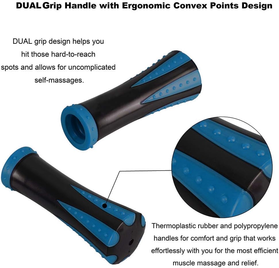 Highlights the product's ergonomic dual grip design to show how it improves usability and comfort during self-massage.