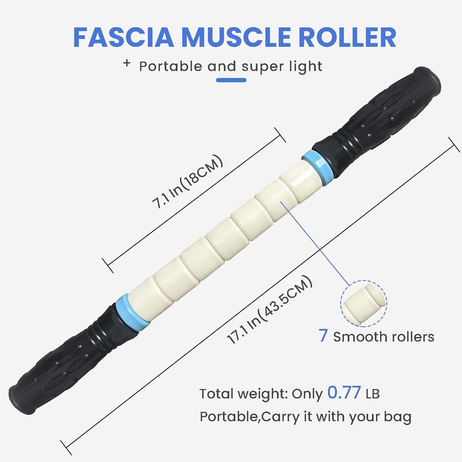 Provides exact measurements and weight of the muscle roller to show its portable size and lightweight design. Emphasizes the product's portability and lightweight nature, making it easy to carry in…
