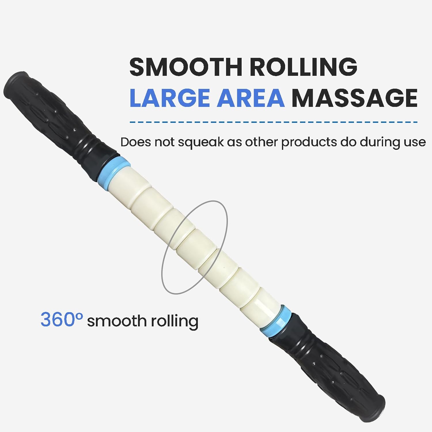 Highlights the product's smooth, quiet rolling action for large area massage, differentiating it from squeaky competitors.