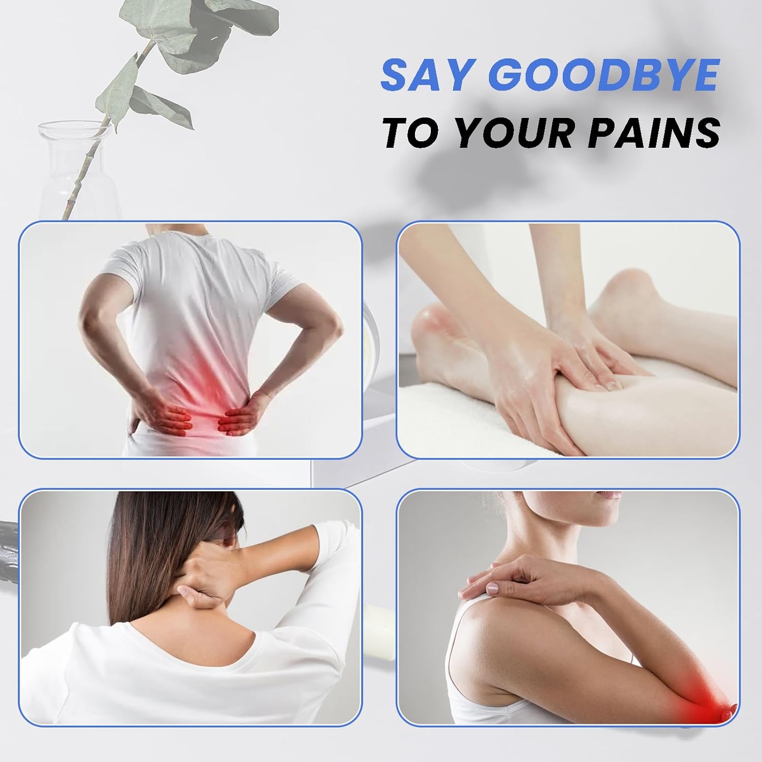 Showcases the product's ability to relieve pain in various parts of the body, including back, legs, neck, and arms.