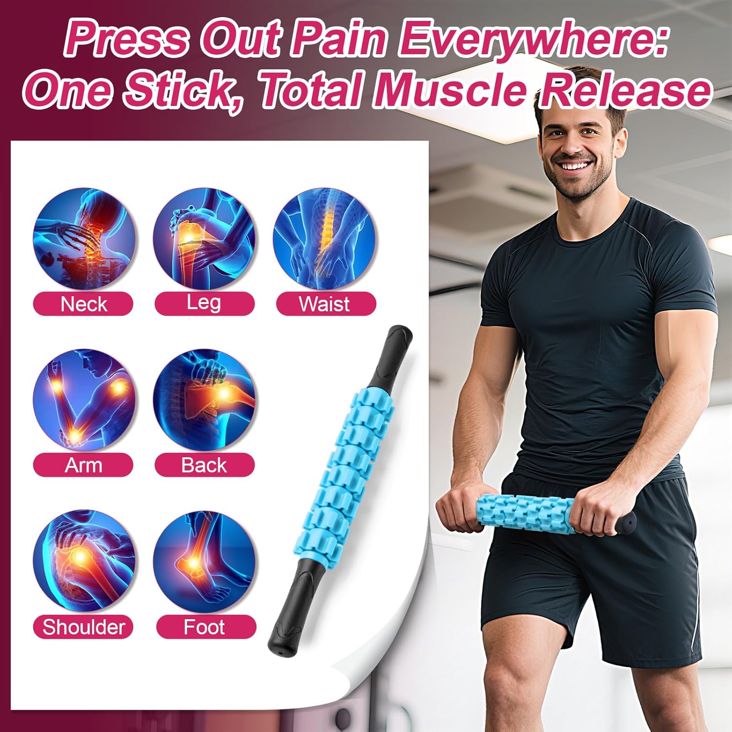 Demonstrates the product's ability to relieve pain in multiple body areas, emphasizing its versatility as a total muscle release solution.