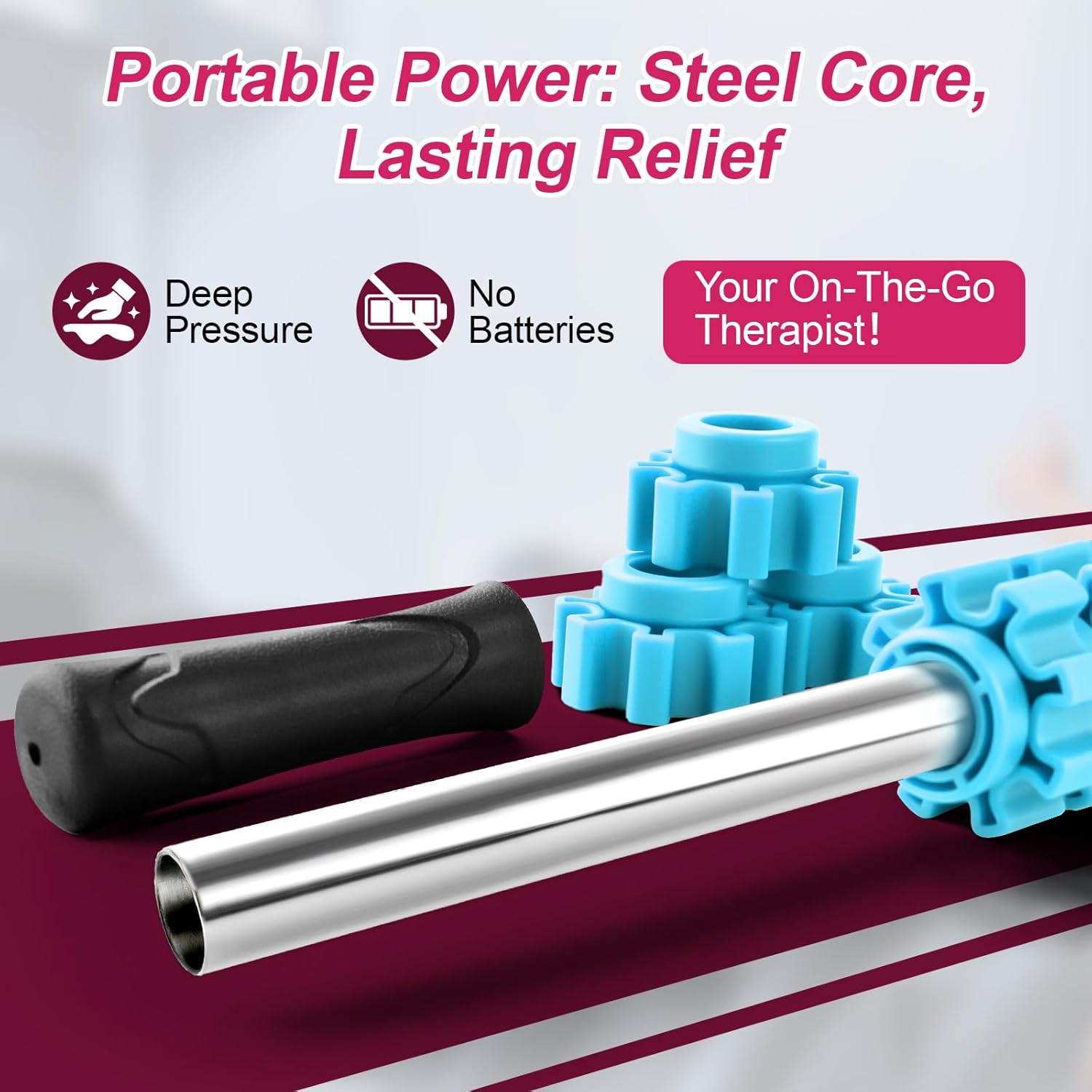 Highlights multiple key features of the massage tool to show its versatility and convenience for users seeking portable pain relief.