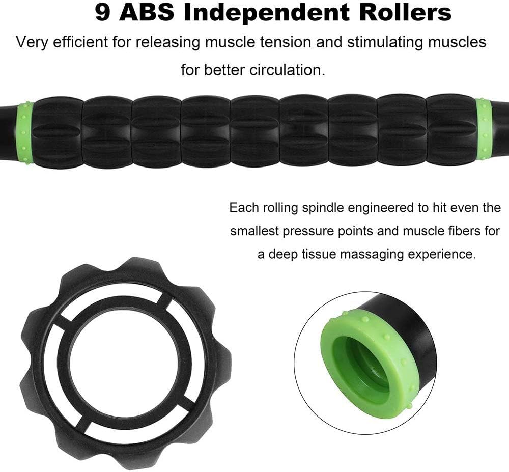 Highlights the product's unique roller design for efficient muscle tension release and improved circulation.