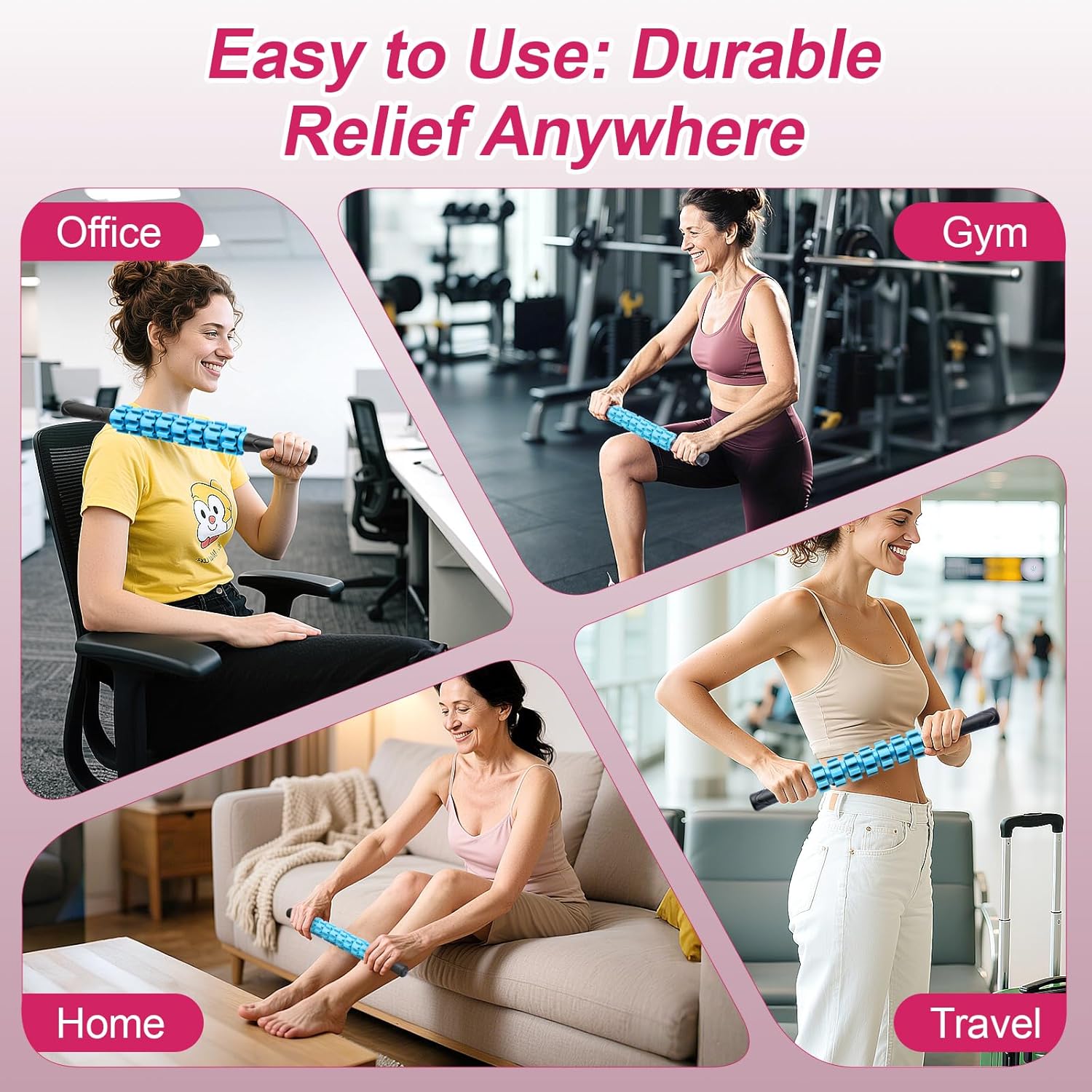Demonstrates the product's versatility by showing it can be used in multiple settings: office, gym, home, and while traveling. Highlights the product's ease of use and durability, emphasizing that…