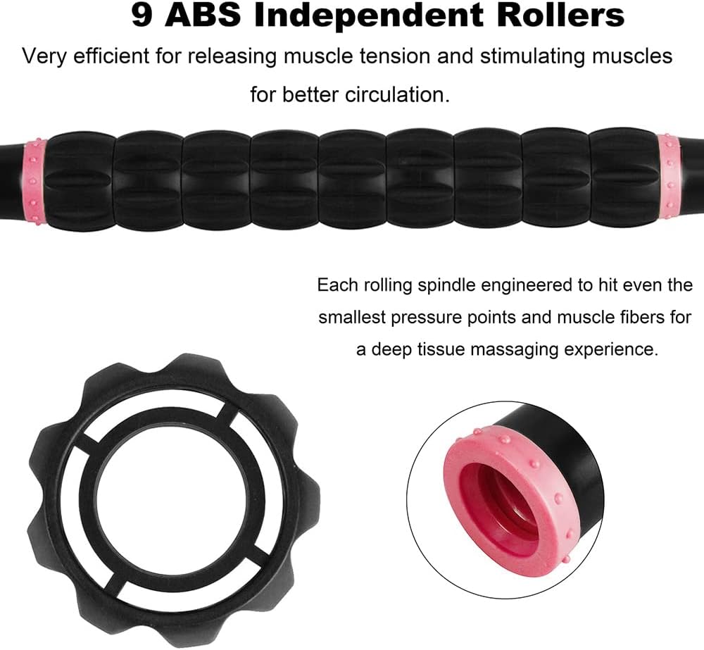 Highlights the product's unique roller design for efficient muscle tension release and improved circulation.