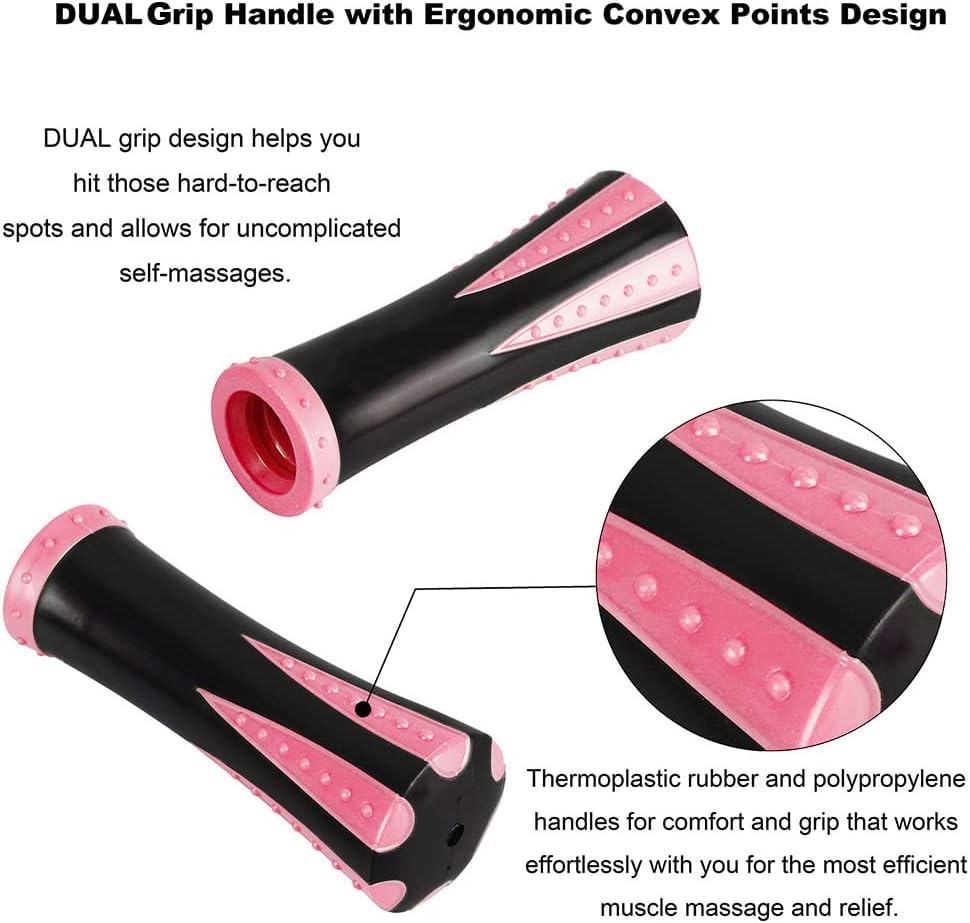 Highlights the ergonomic dual grip design to show how it improves usability and effectiveness for self-massage.