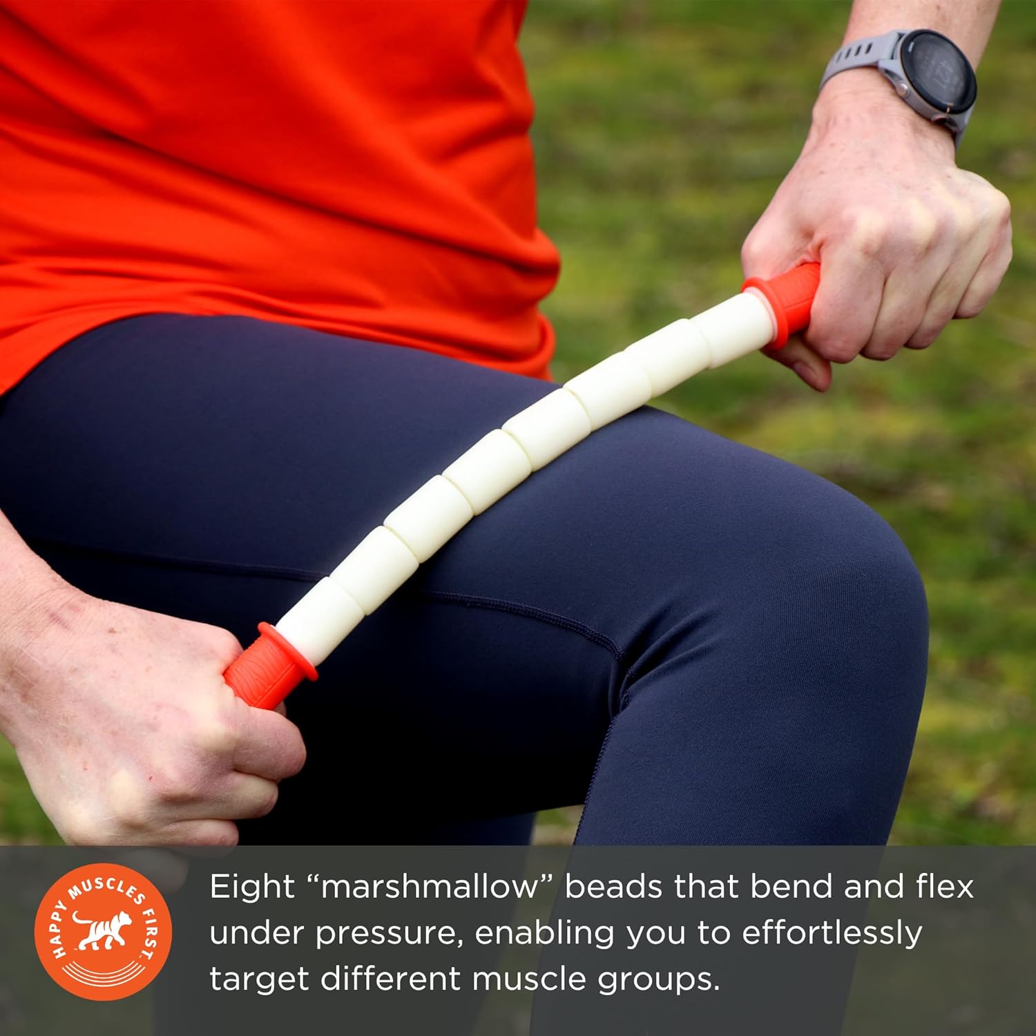 Highlights the product's unique 'marshmallow' bead design that allows for flexible targeting of different muscle groups during use.