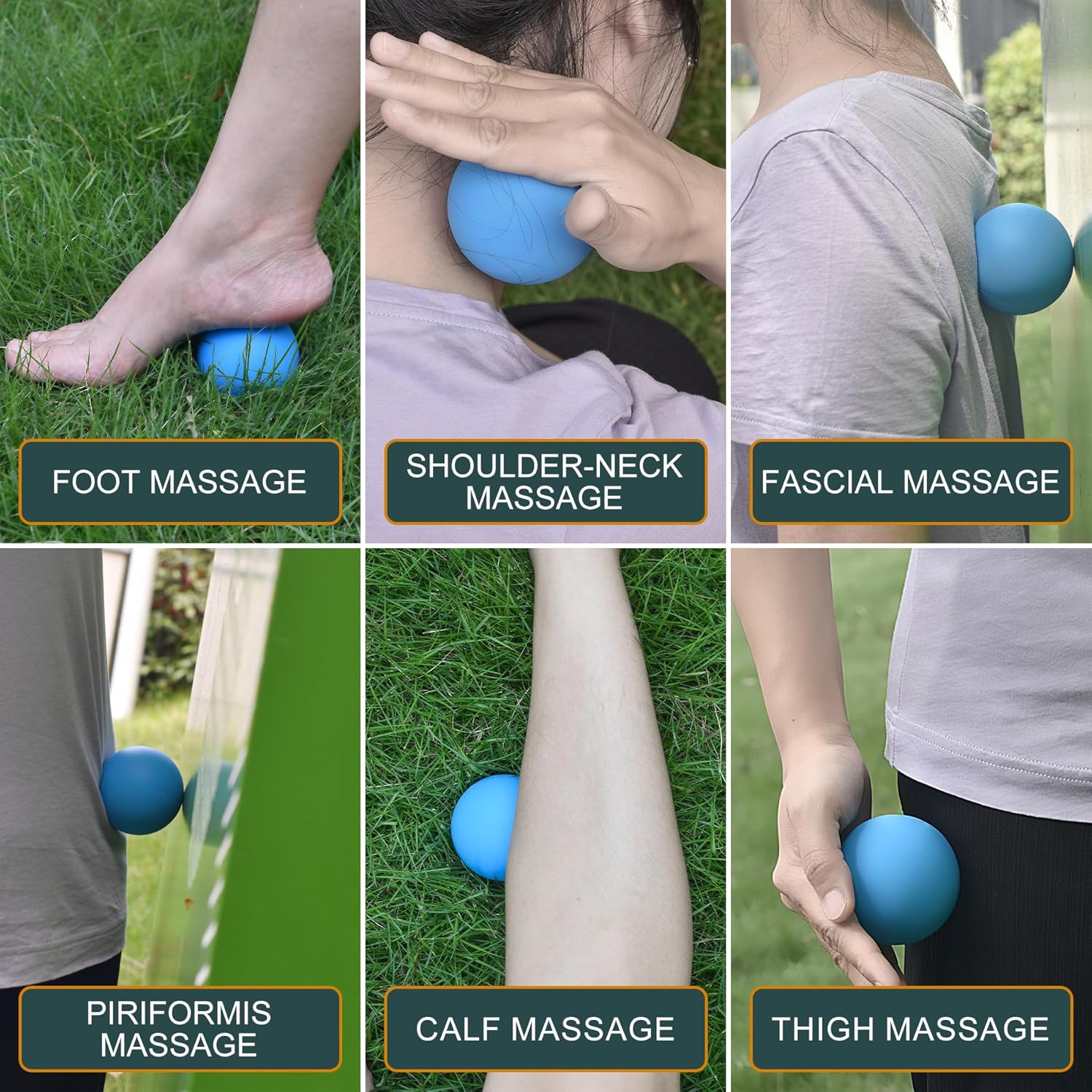 Demonstrates the versatility of the massage ball by showing various body parts it can be used on.