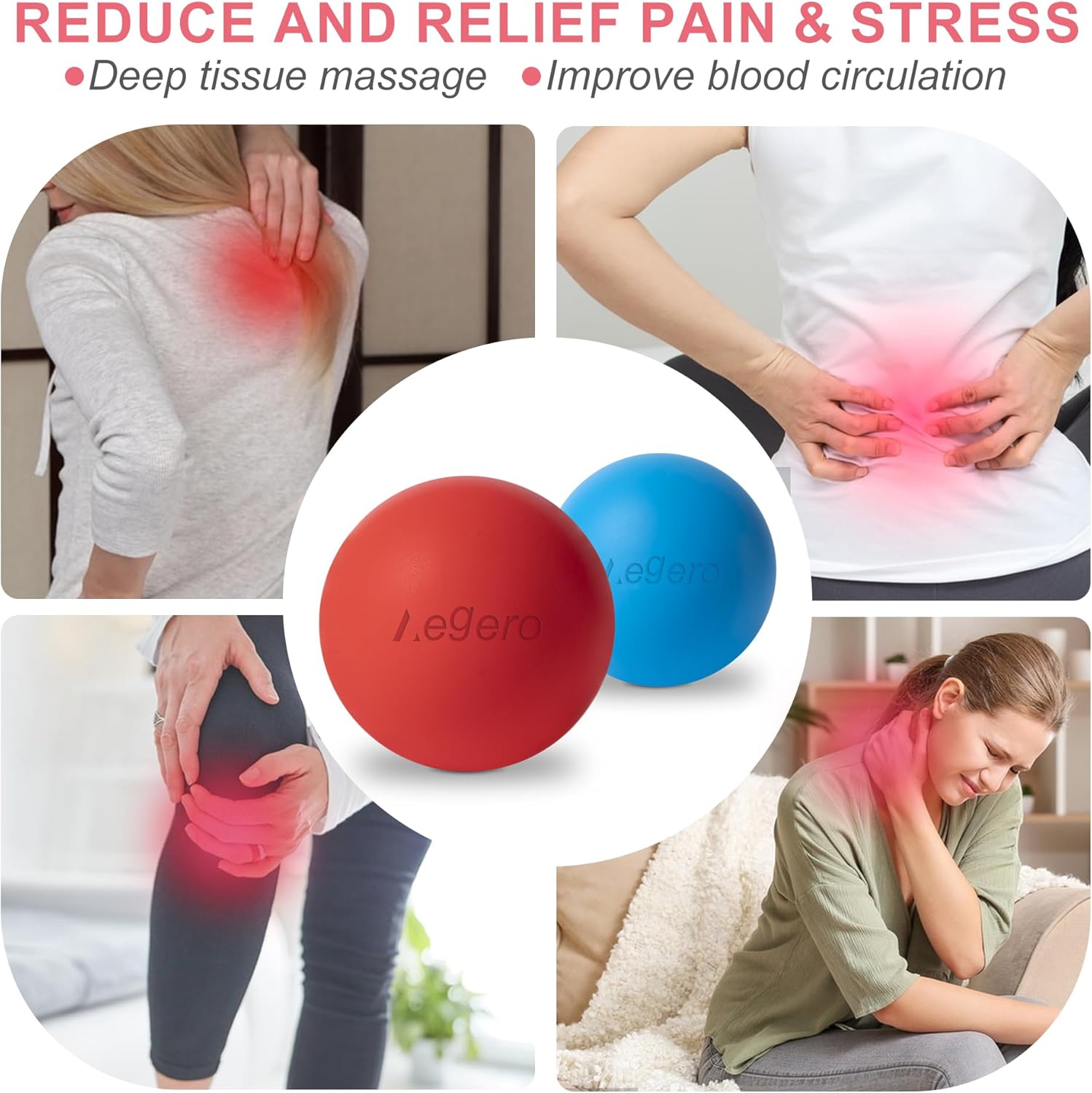 Showcases multiple benefits of the massage balls for reducing pain and stress in various body areas.