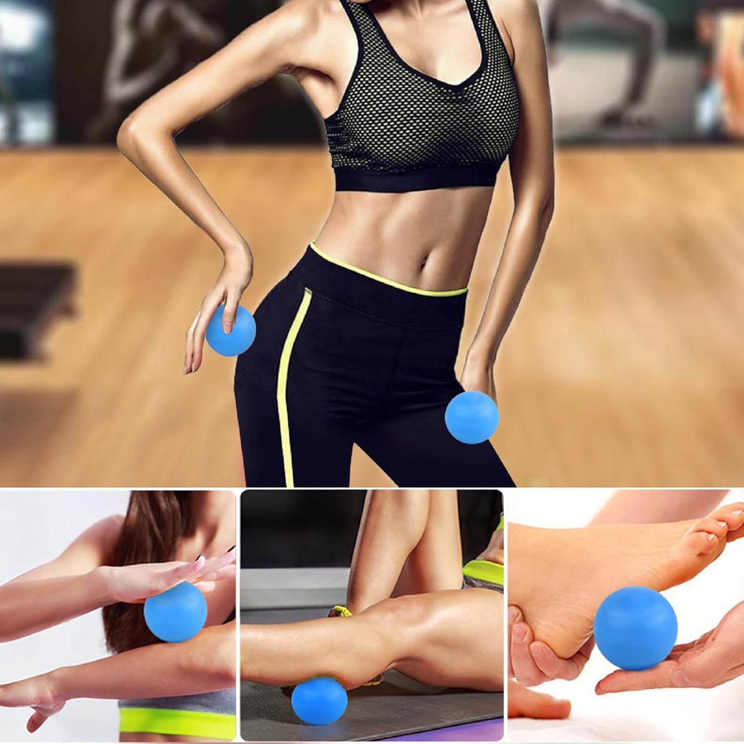 Demonstrates various ways to use the massage ball for muscle recovery and pain relief across different body parts.