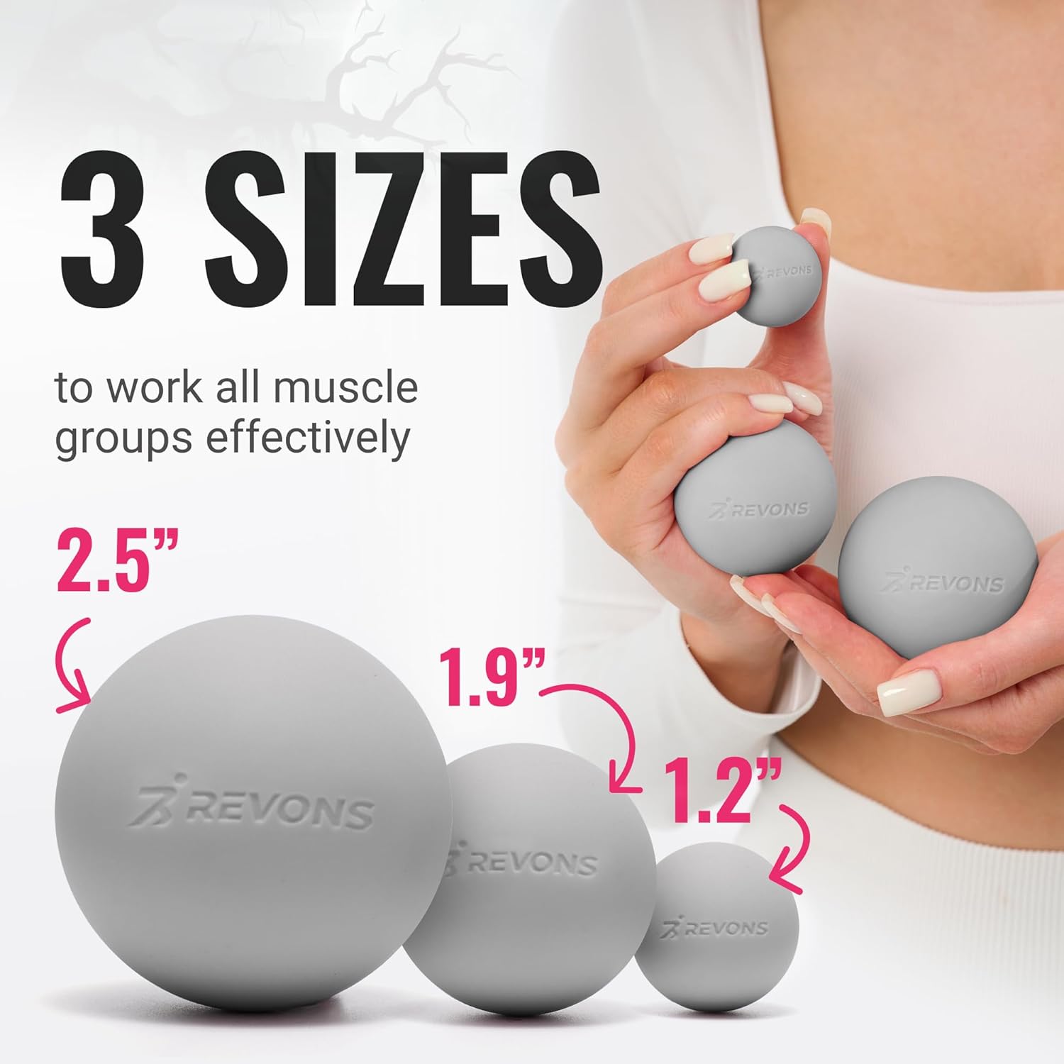 Shows the three different sizes of massage balls available to target various muscle groups effectively. Highlights the product's versatility in working all muscle groups effectively with different…