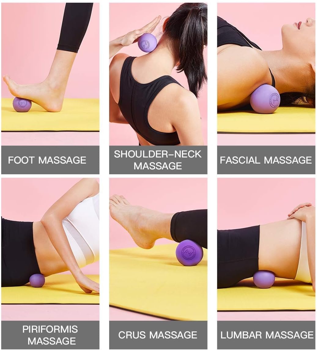 Demonstrates the versatility of the massage ball by showing various body parts and massage techniques it can be used for.