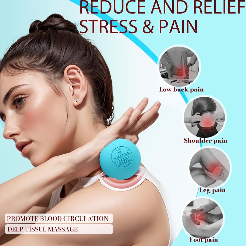 Showcases multiple benefits of the massage ball product, highlighting its ability to relieve pain in various body parts and reduce stress.