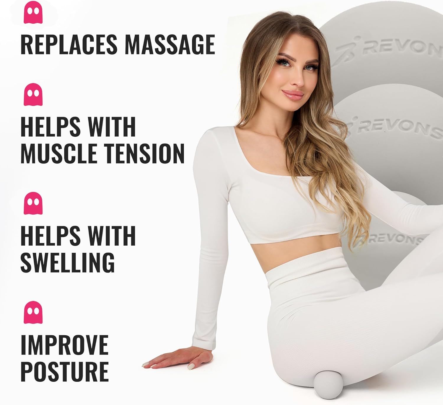 Highlights multiple health benefits of the product, including replacing massage, helping with muscle tension and swelling, and improving posture.