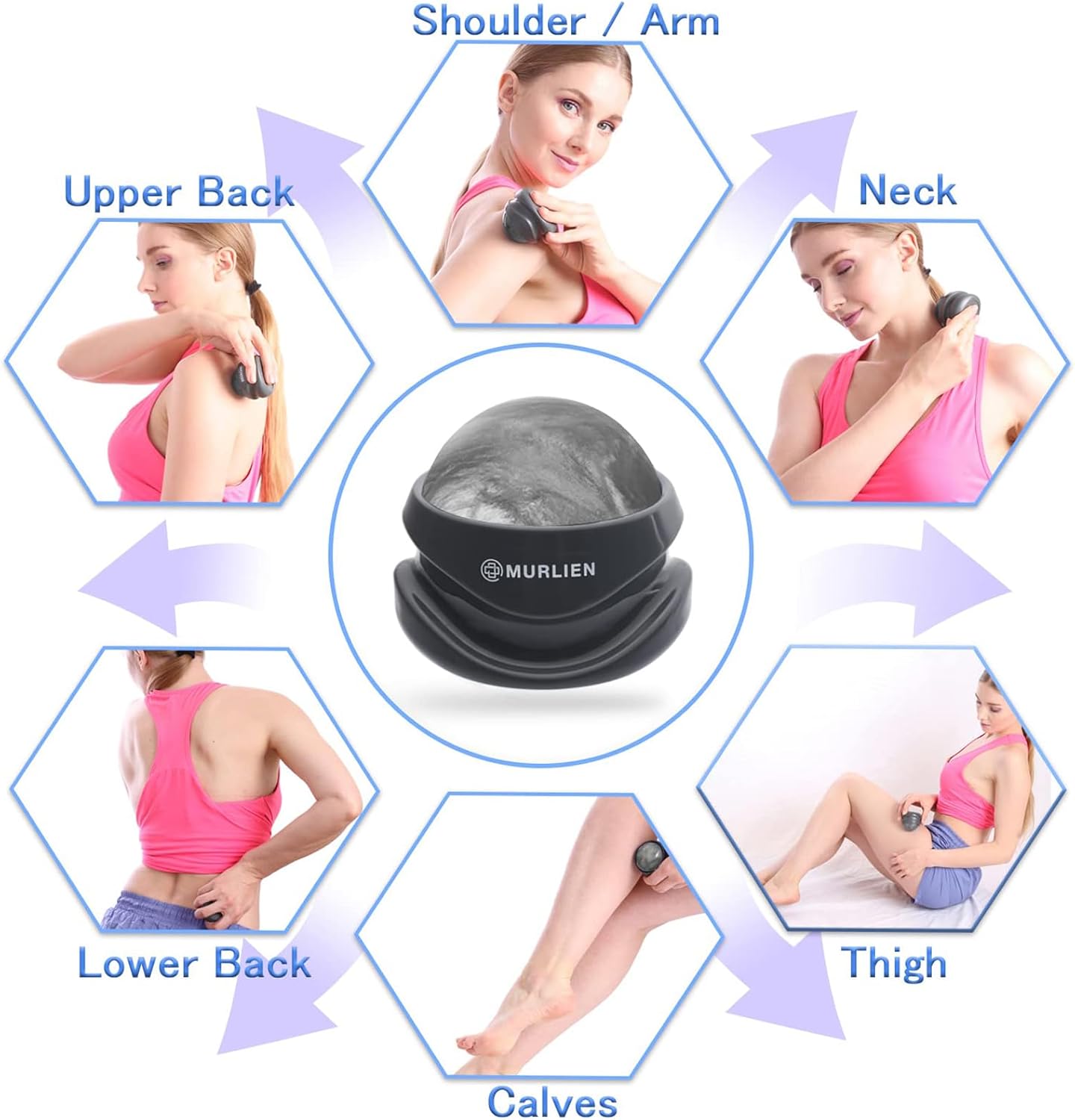 Demonstrates the versatility of the massage ball by showing its use on various body parts, reassuring customers of its effectiveness for full-body relief.