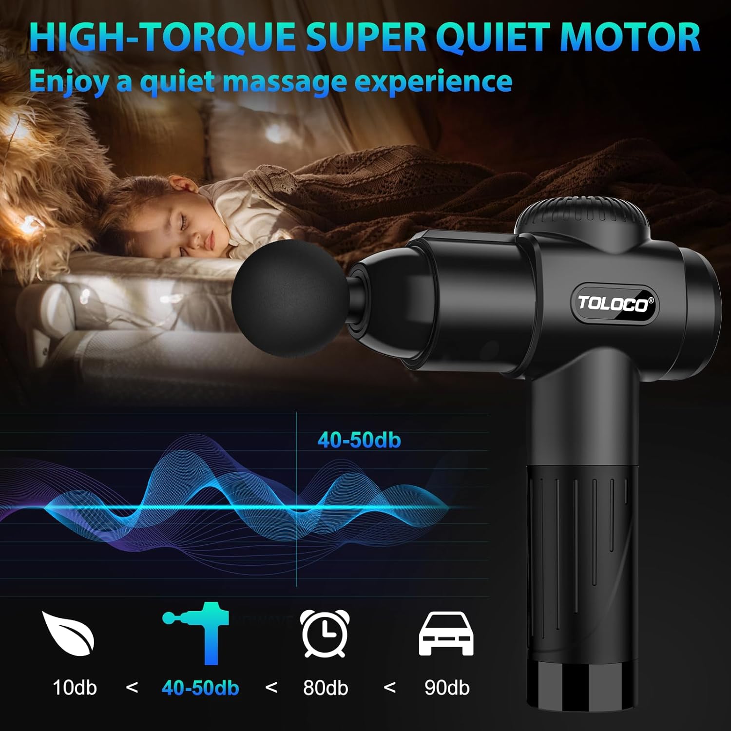 Highlights the massage gun's super quiet motor to reassure customers they can enjoy a peaceful massage experience without disturbing others.