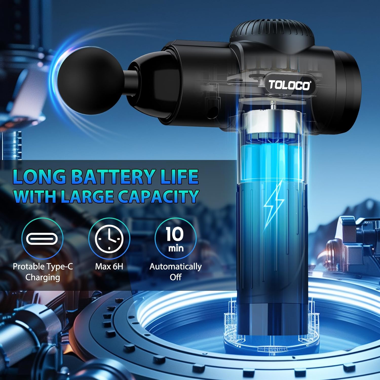 Highlights multiple battery-related features to showcase the product's long-lasting and convenient power capabilities.