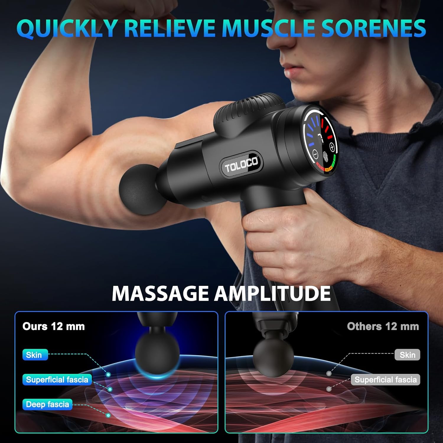 Highlights the product's ability to quickly relieve muscle soreness through deep tissue massage.