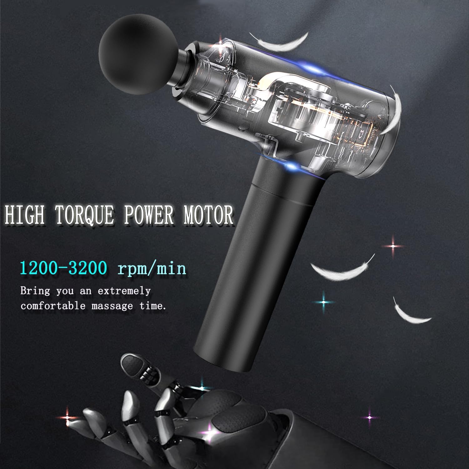 Highlights the product's powerful motor capability, emphasizing its high torque and RPM range to convey superior massage performance.