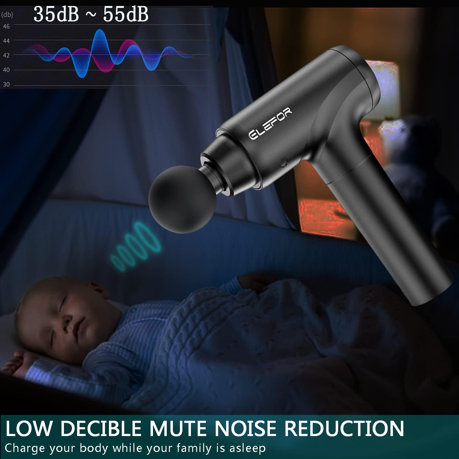 Highlights the product's quiet operation, allowing use while others are sleeping nearby.