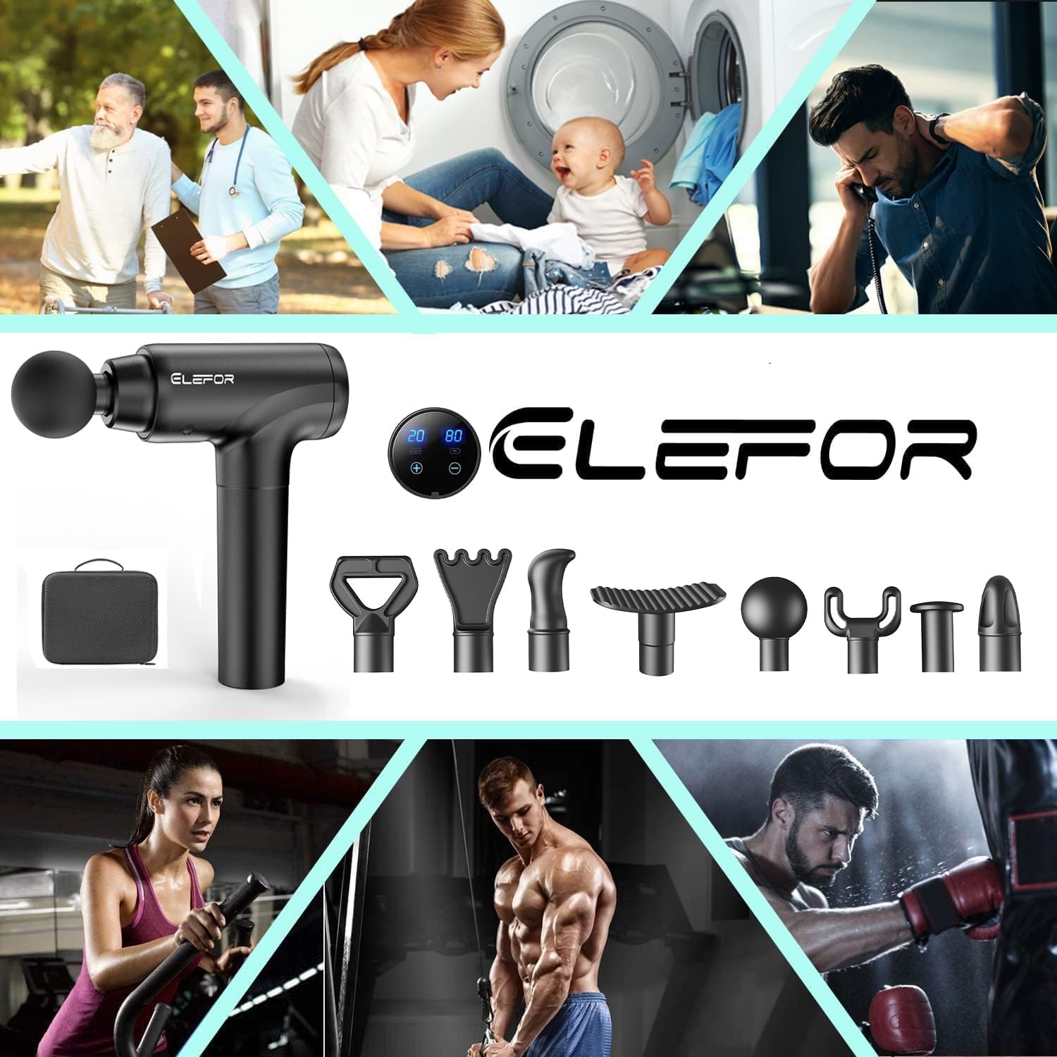 Demonstrates the wide range of applications and user types for the massage gun, from everyday people to athletes, showcasing its versatility. Shows all the accessories included with the massage gun,…