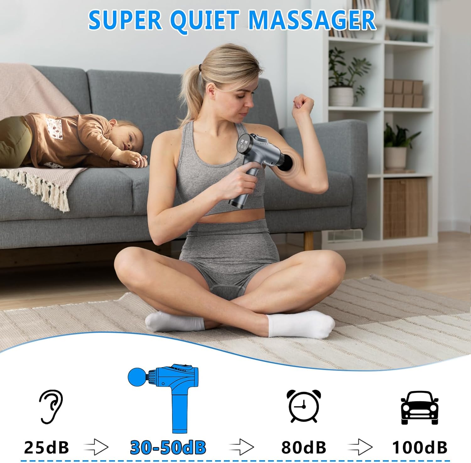 Emphasizes the massager's quiet operation, allowing use without disturbing others, even sleeping babies.