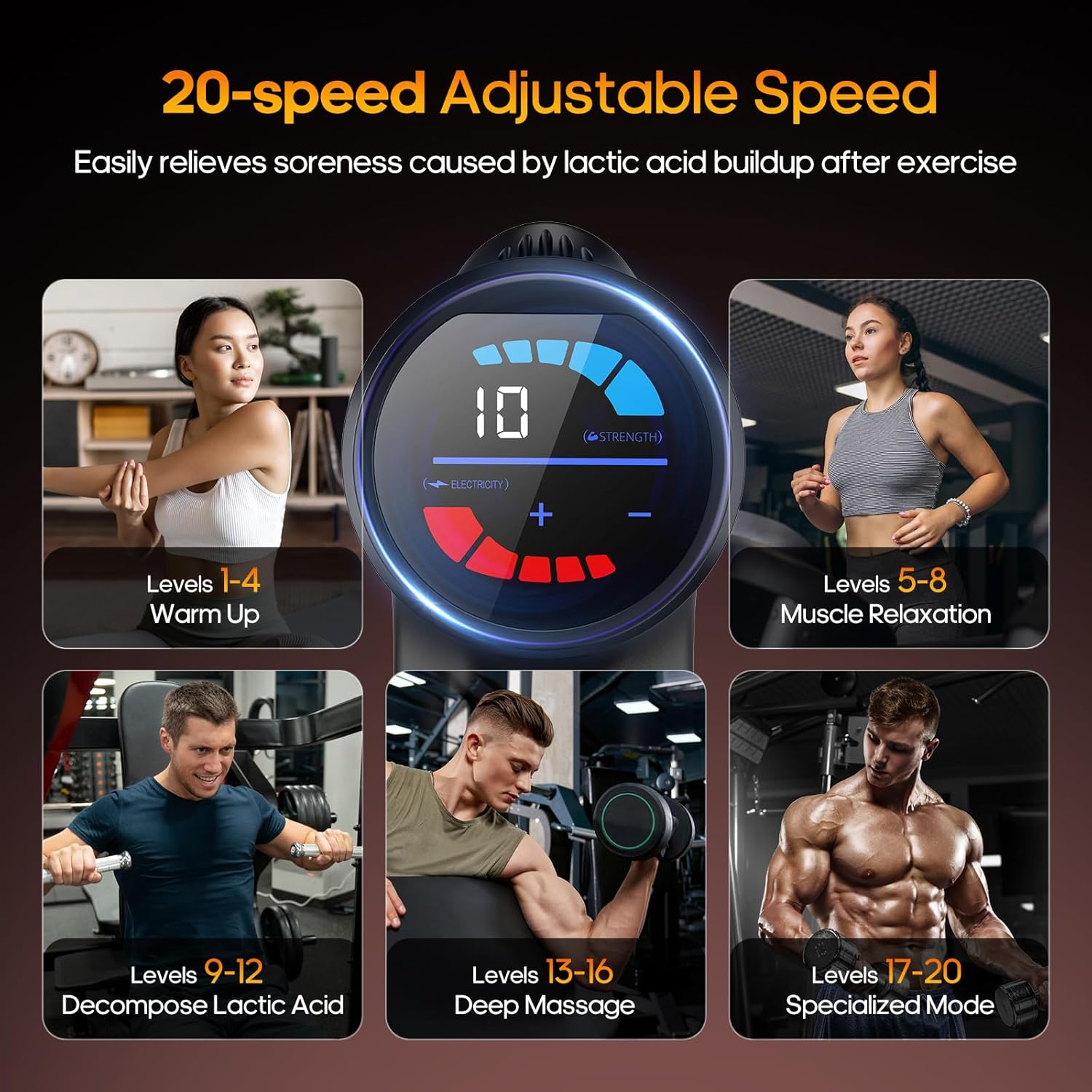 Showcases the product's 20-speed adjustability and its benefits for muscle recovery and soreness relief after exercise.