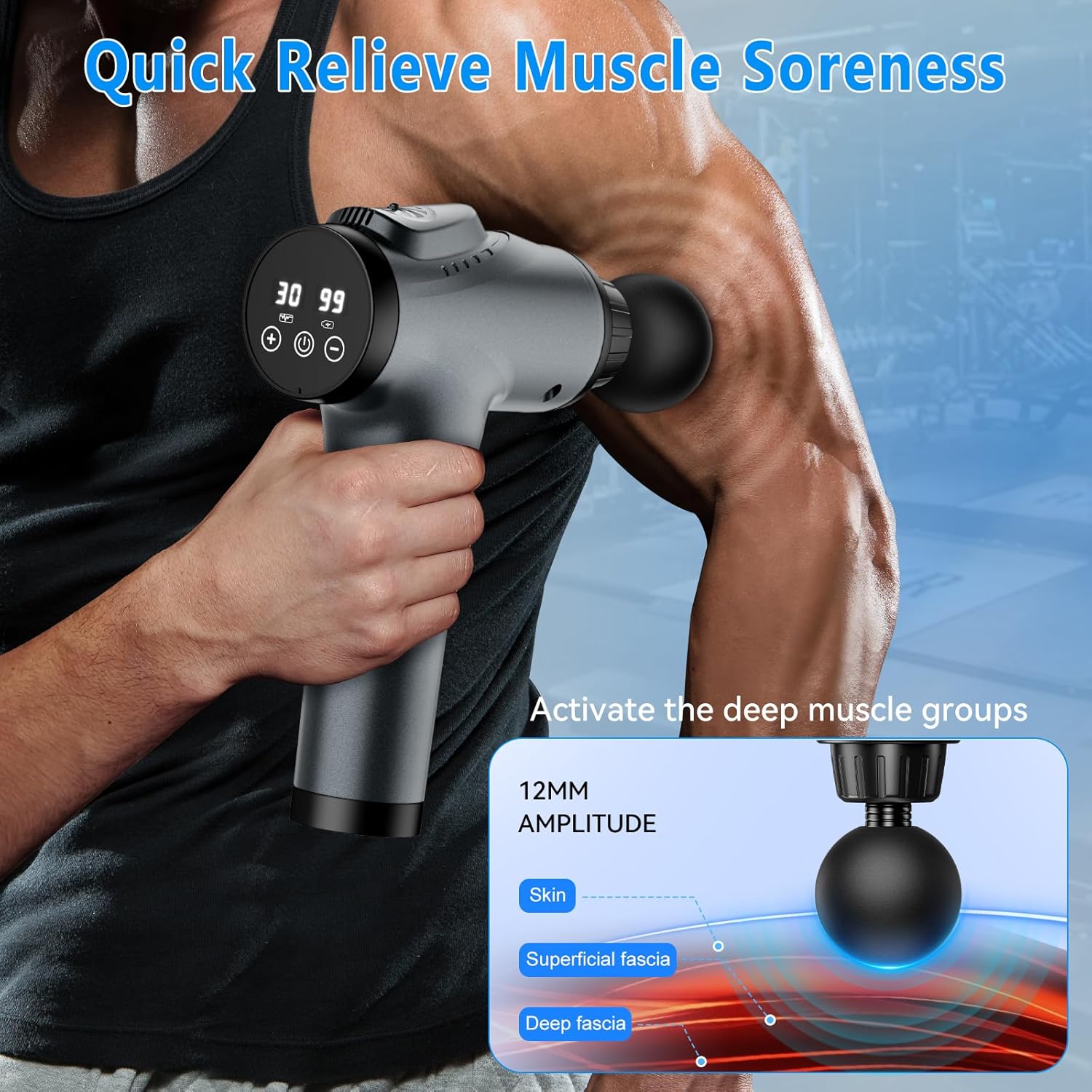 Highlights the product's ability to quickly relieve muscle soreness by activating deep muscle groups.