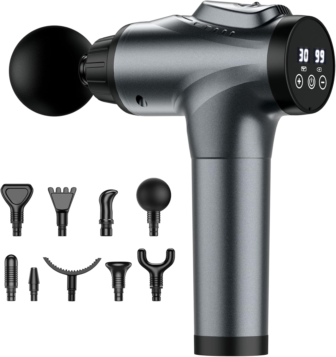 Shows the variety of massage attachments included with the main device, demonstrating versatility and value. Highlights the product's digital display for easy control and its ergonomic shape for…