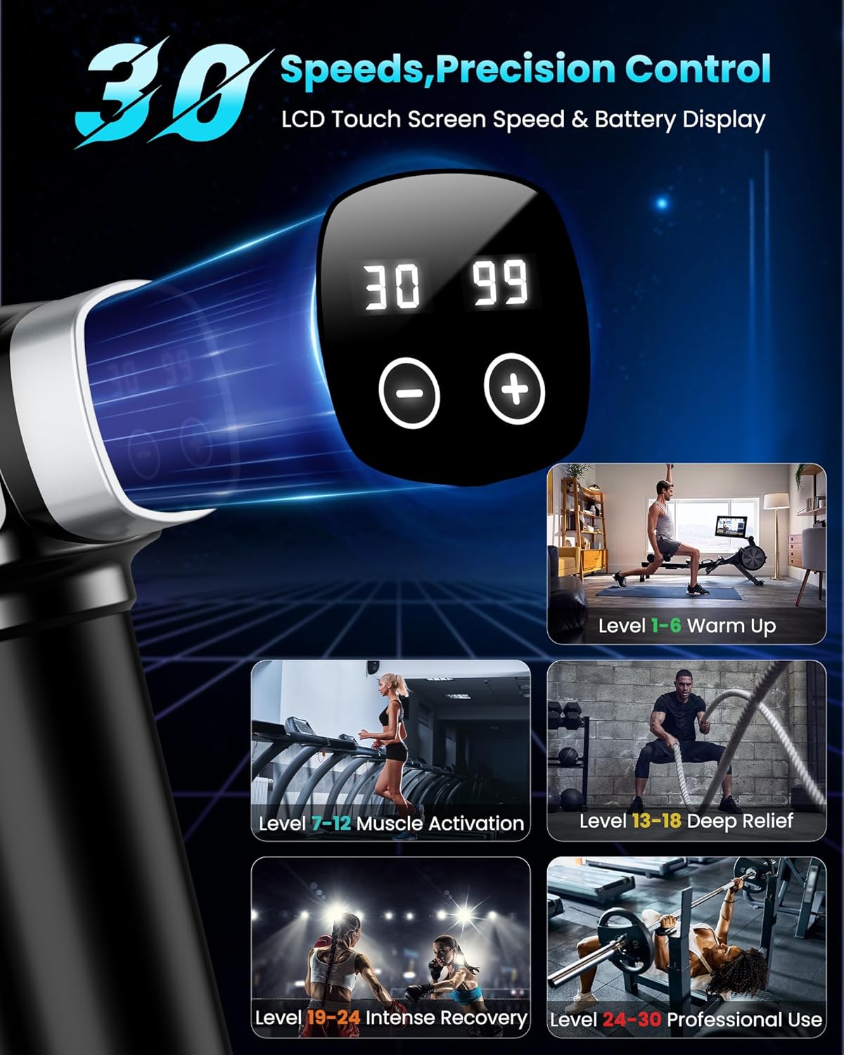 Highlights the product's 30 speed settings and LCD touch screen for precise control, showcasing its versatility for different workout intensities and user-friendly interface.