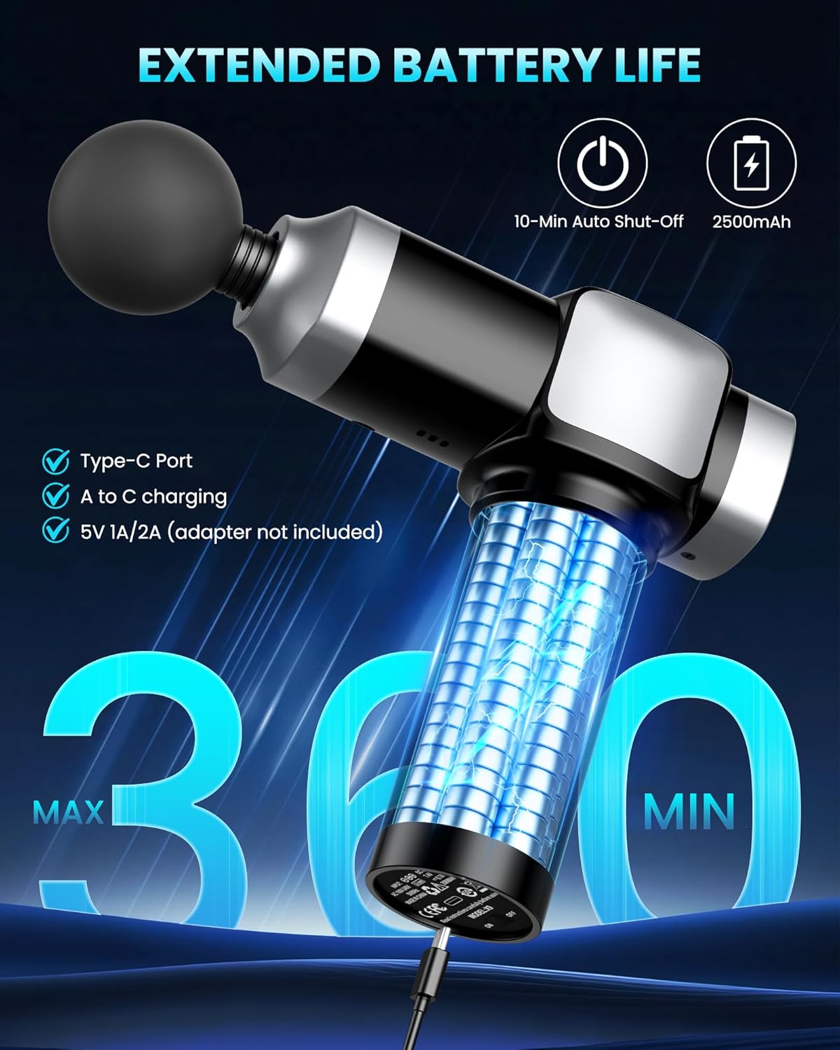 Highlights multiple battery-related features to showcase the product's long-lasting and convenient power capabilities.